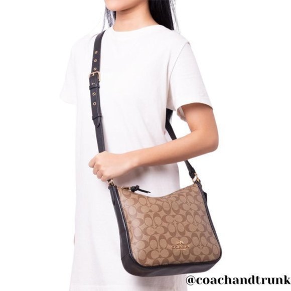 COACH 2 PCS NWT Ellie File Bag Khaki Black And Long Zip Around Wrist Strap - Picture 4 of 13
